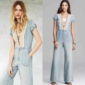 Free People On The Road Wide Leg Vintage Chambray Denim Jumpsuit $198 Size S
